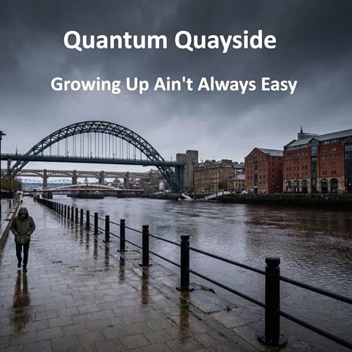 Album cover: a figure in a hooded coat walking along the wet Newcastle quayside, with the Tyne Bridge behind