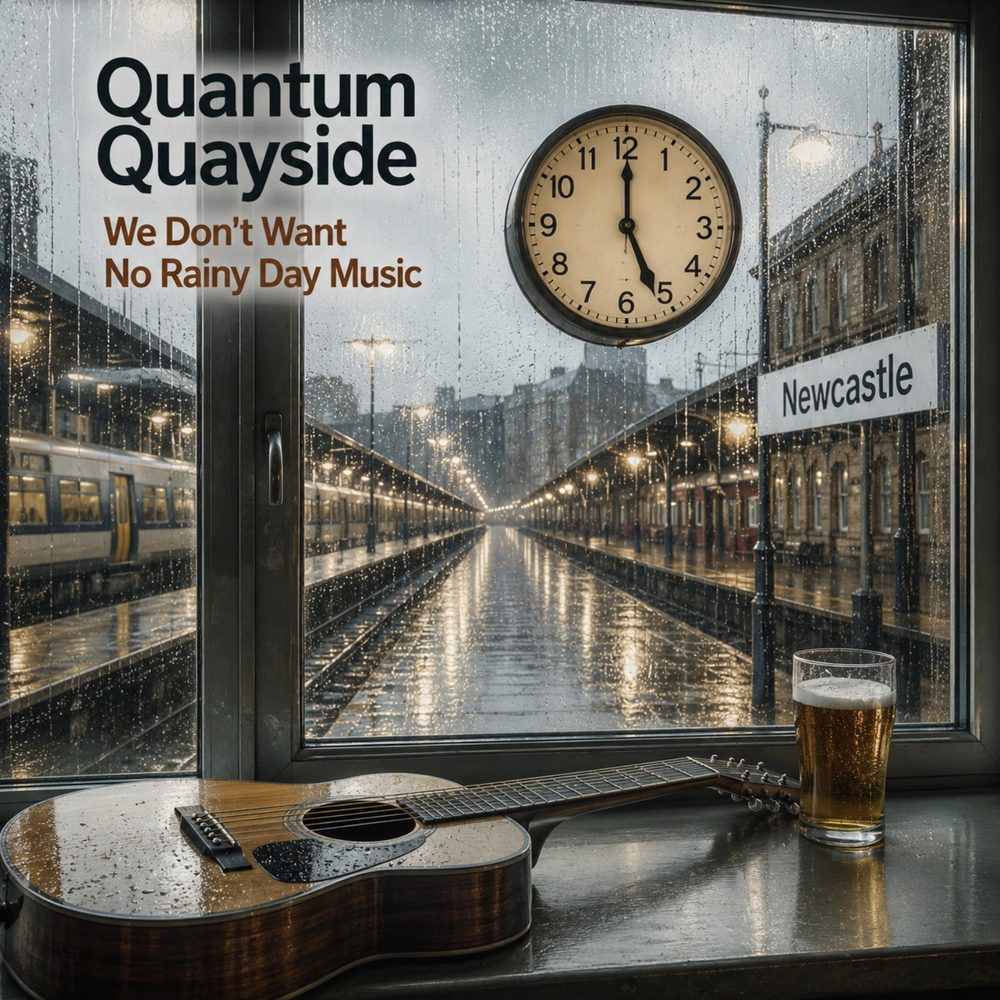 Album cover: an acoustic guitar and a pint on the sill of a rain-streaked window looking out over Newcastle station platforms